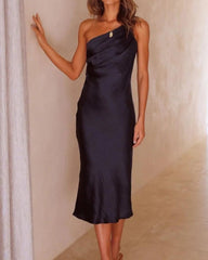 AILISA - RUCHED ONE SHOULDER SLIP MIDI DRESS