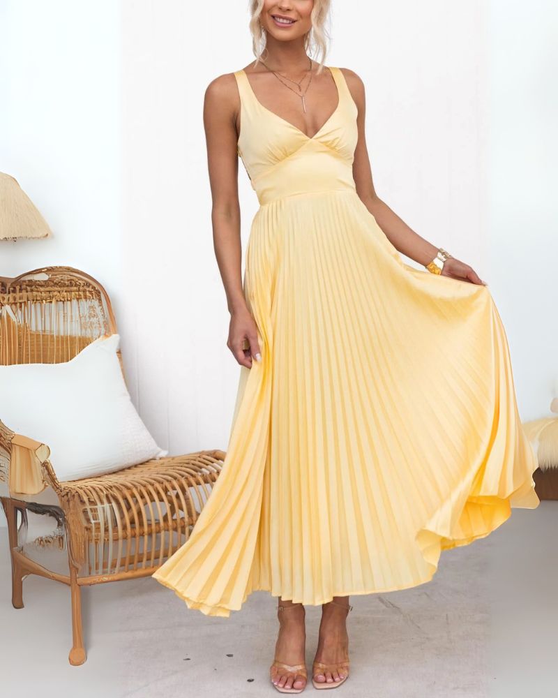 ABIAN - Pleated V-Neck Maxi Dress