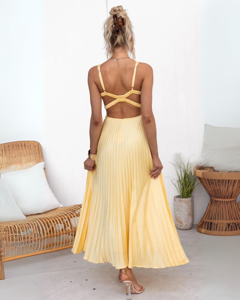 ABIAN - Pleated V-Neck Maxi Dress