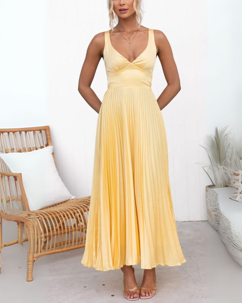 ABIAN - Pleated V-Neck Maxi Dress